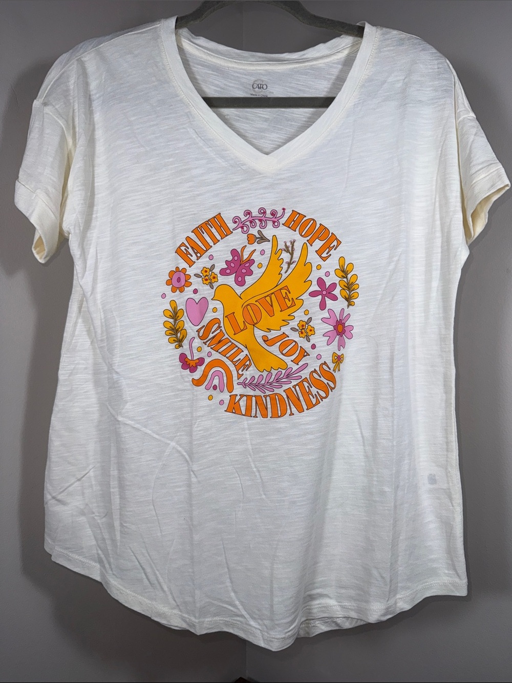 Cato White V-Neck Tee with Yellow Dove and Colorful Floral Graphic
